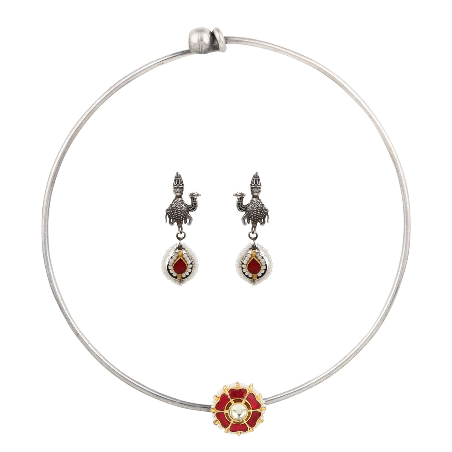 Dual-tone red and silver hasli necklace, Meesha Hasli Set by Naitri on bust form.