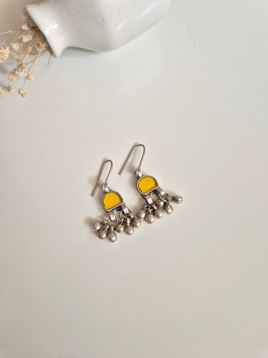 Clear and yellow glass dangle earrings, minimalist, glass detail visible