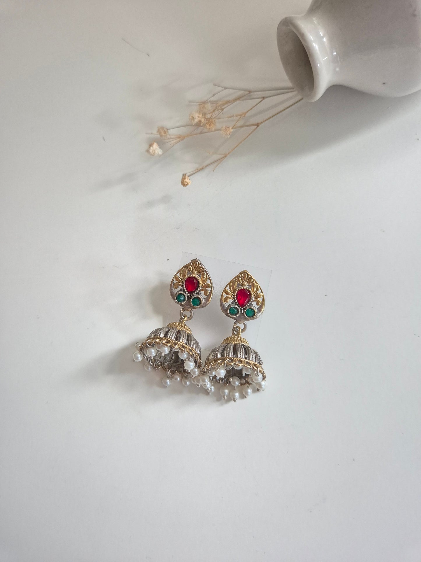 Mandira Earrings, dual tone gold and silver handcrafted oxidized jewelry, premium and stylish.