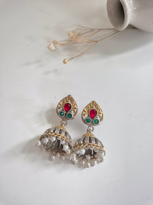 Mandira Earrings, dual tone gold and silver handcrafted oxidized jewelry, premium and stylish.