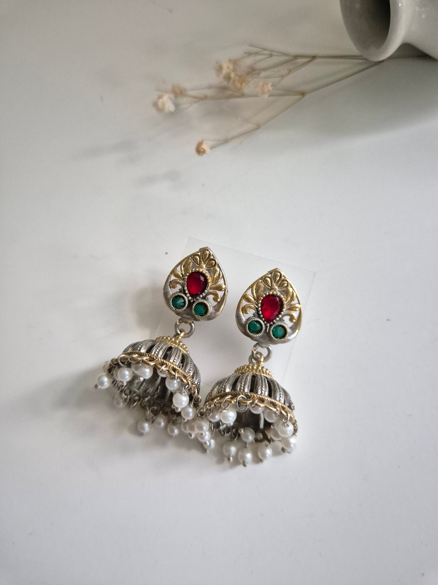 Mandira Earrings, dual tone gold and silver handcrafted oxidized jewelry, premium and stylish.