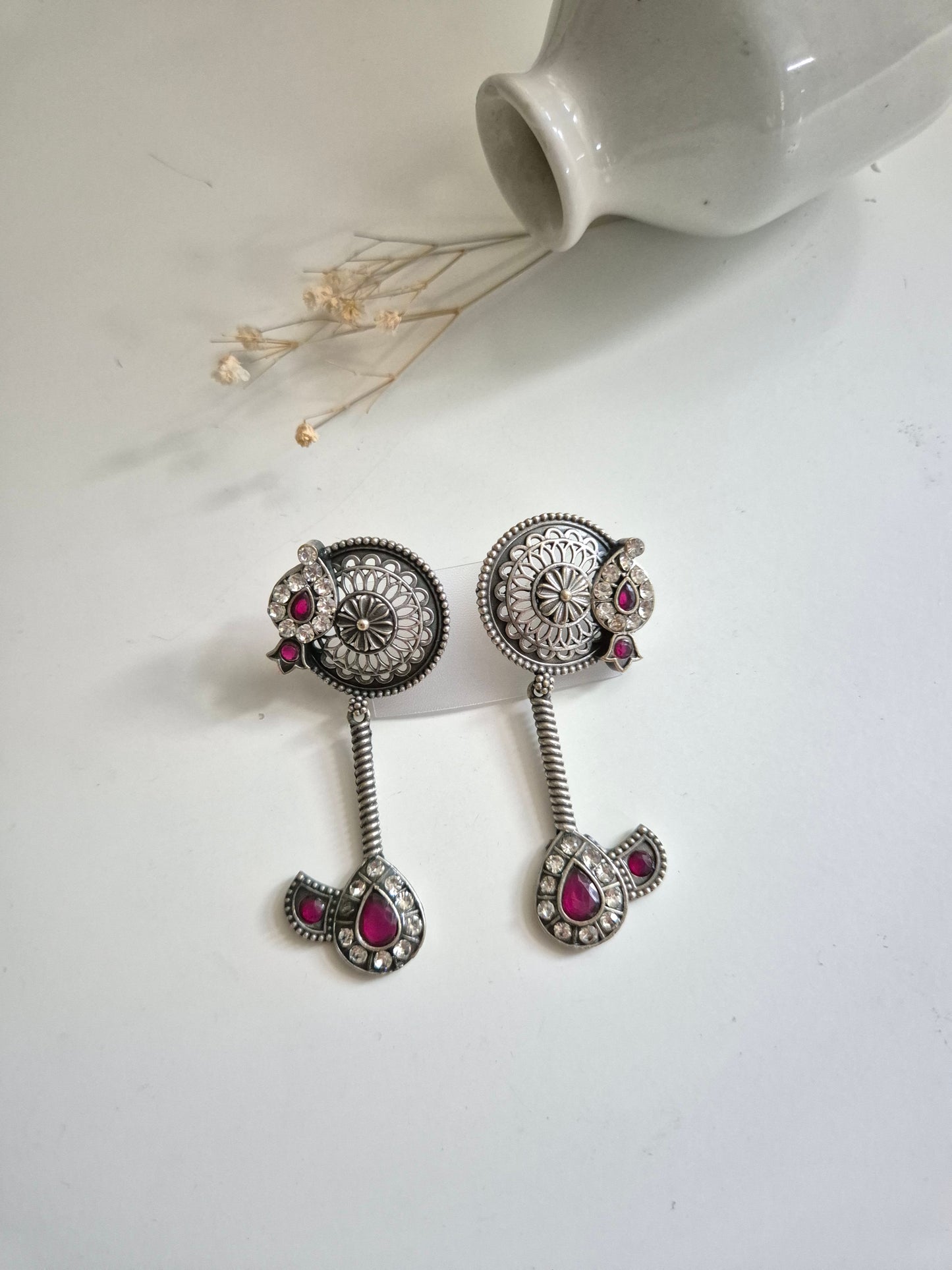 Rasika Earrings, premium handcrafted oxidized silver dangle earrings, statement and elegant look.
