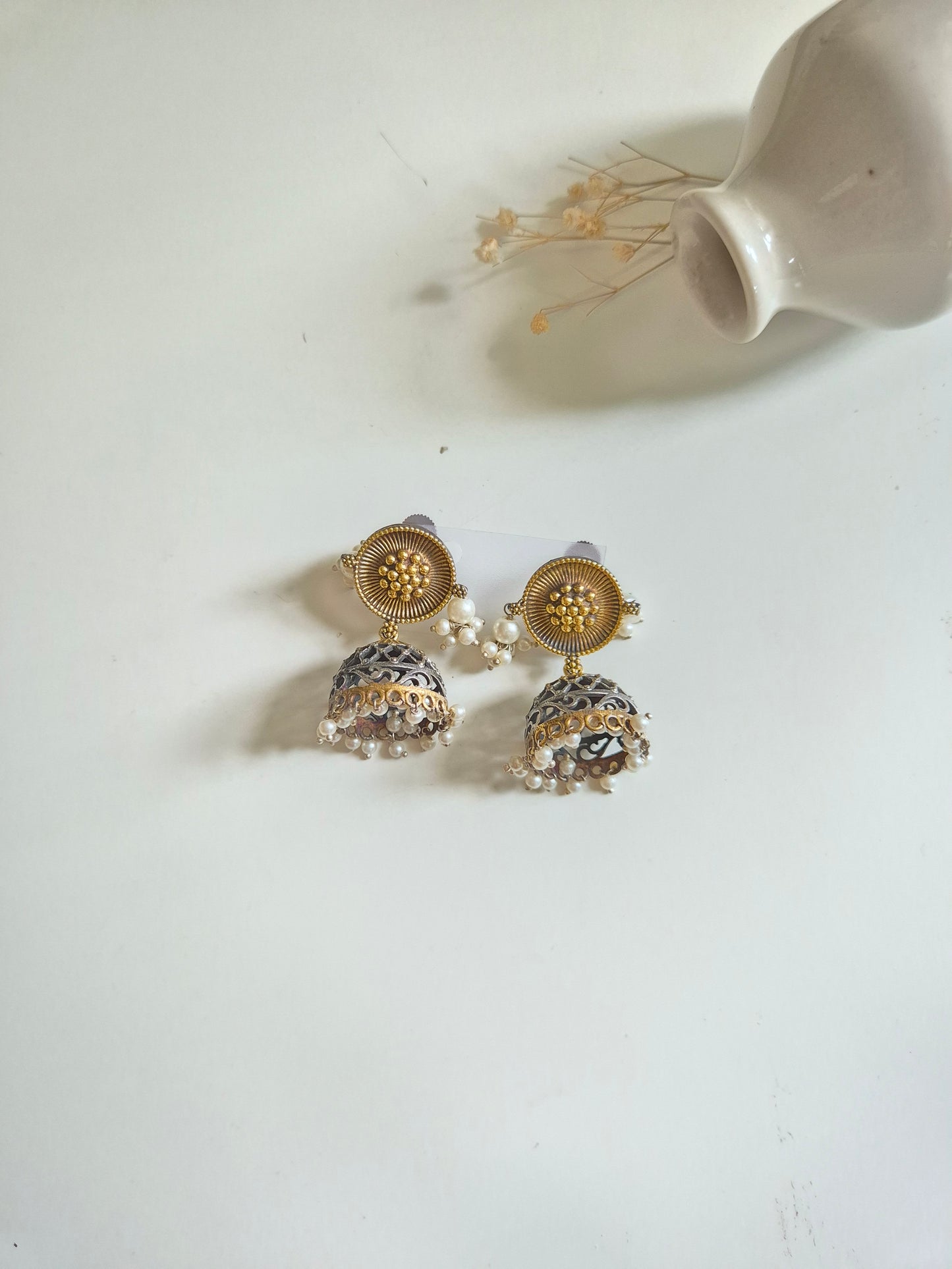 Urmi Earrings, dual tone gold handcrafted oxidized earrings, bold and fashionable statement.