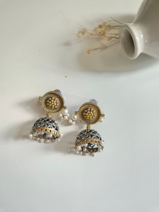 Urmi Earrings, dual tone gold handcrafted oxidized earrings, bold and fashionable statement.