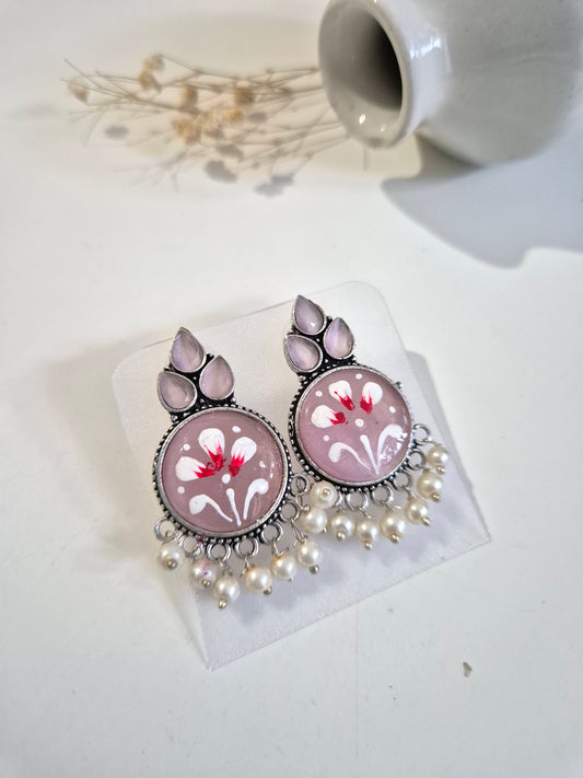 Adhira Earrings, pink handcrafted oxidized stud earrings, lightweight and contemporary accessory.