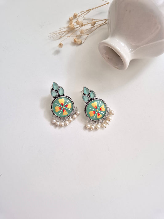 Charvi Earrings, green floral handcrafted oxidized dangle earrings for fresh, bold looks.