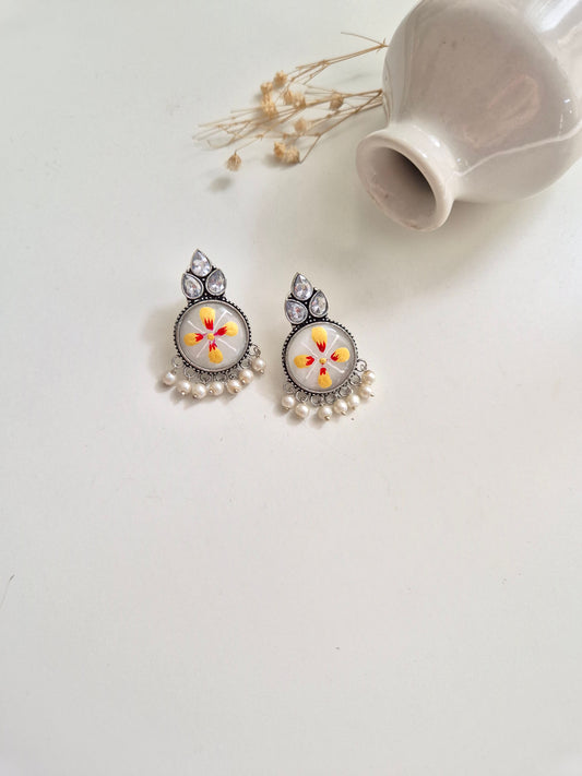 Damini Earrings, silver and white floral handcrafted oxidized dangle earrings, elegant and unique.