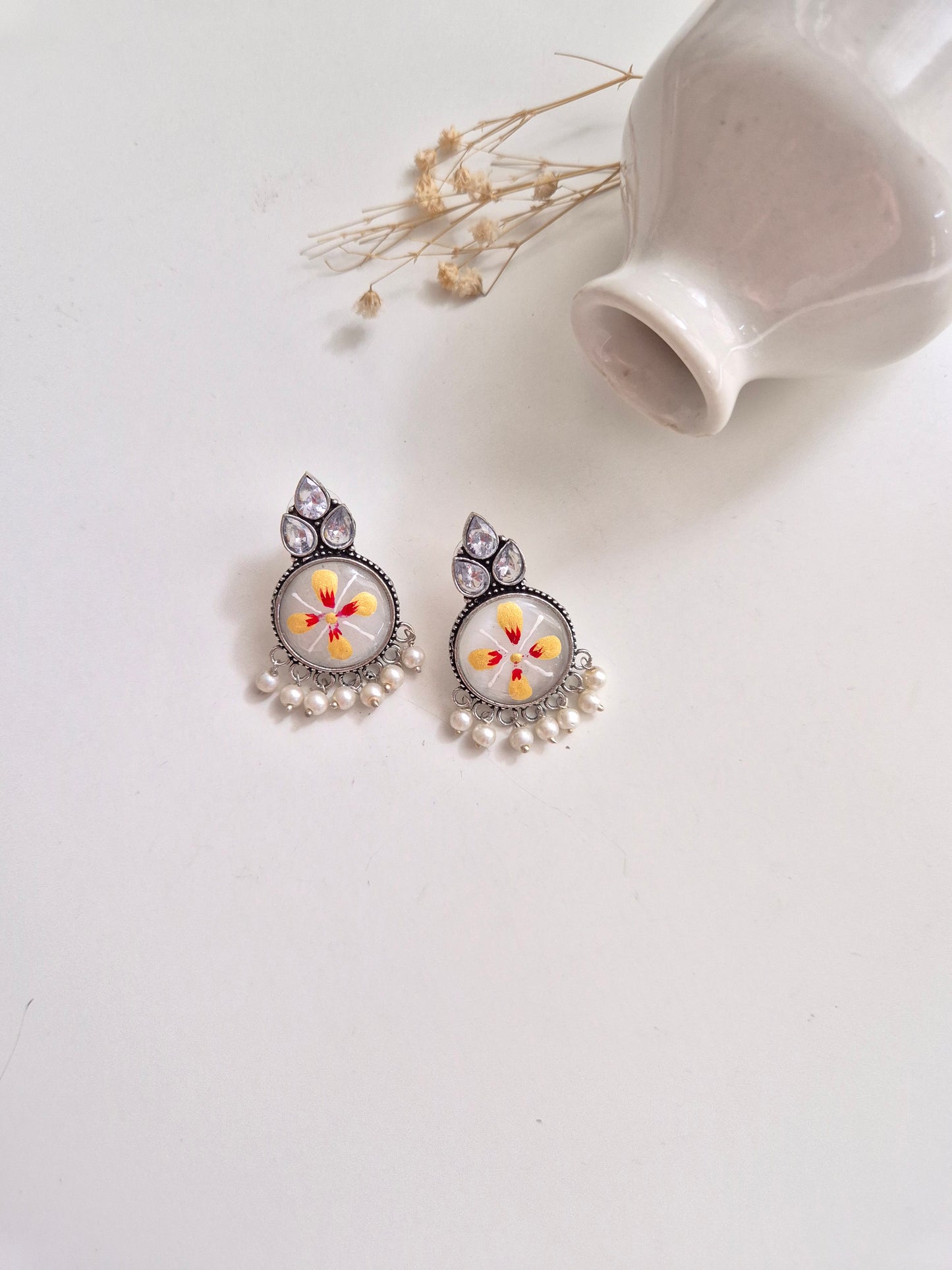 Damini Earrings, silver and white floral handcrafted oxidized dangle earrings, elegant and unique.