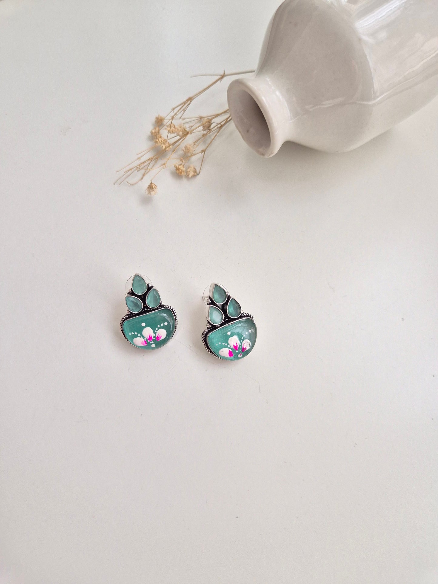 Gargi Earrings, green floral handcrafted oxidized dangle earrings, statement ethnic jewelry.
