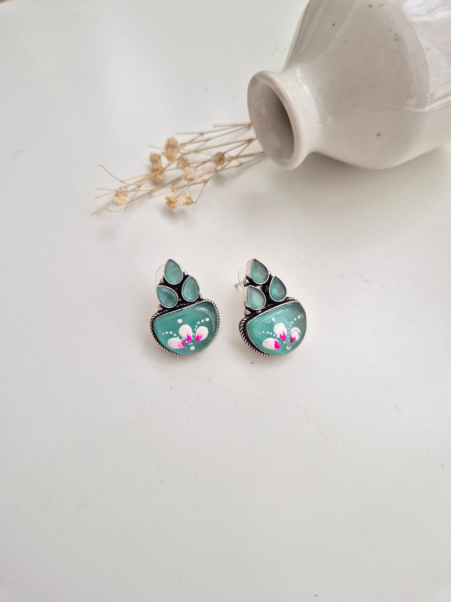 Gargi Earrings, green floral handcrafted oxidized dangle earrings, statement ethnic jewelry.