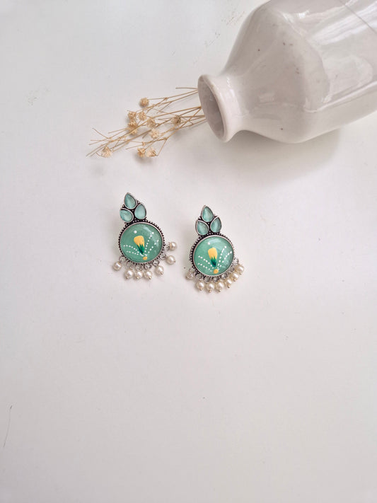 Harini Earrings, elegant green handcrafted oxidized dangle earrings, lightweight and artistic.