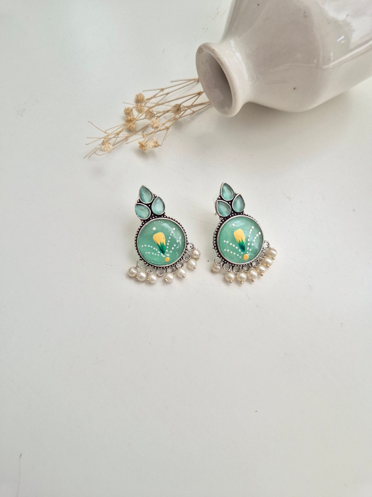 Harini Earrings, elegant green handcrafted oxidized dangle earrings, lightweight and artistic.