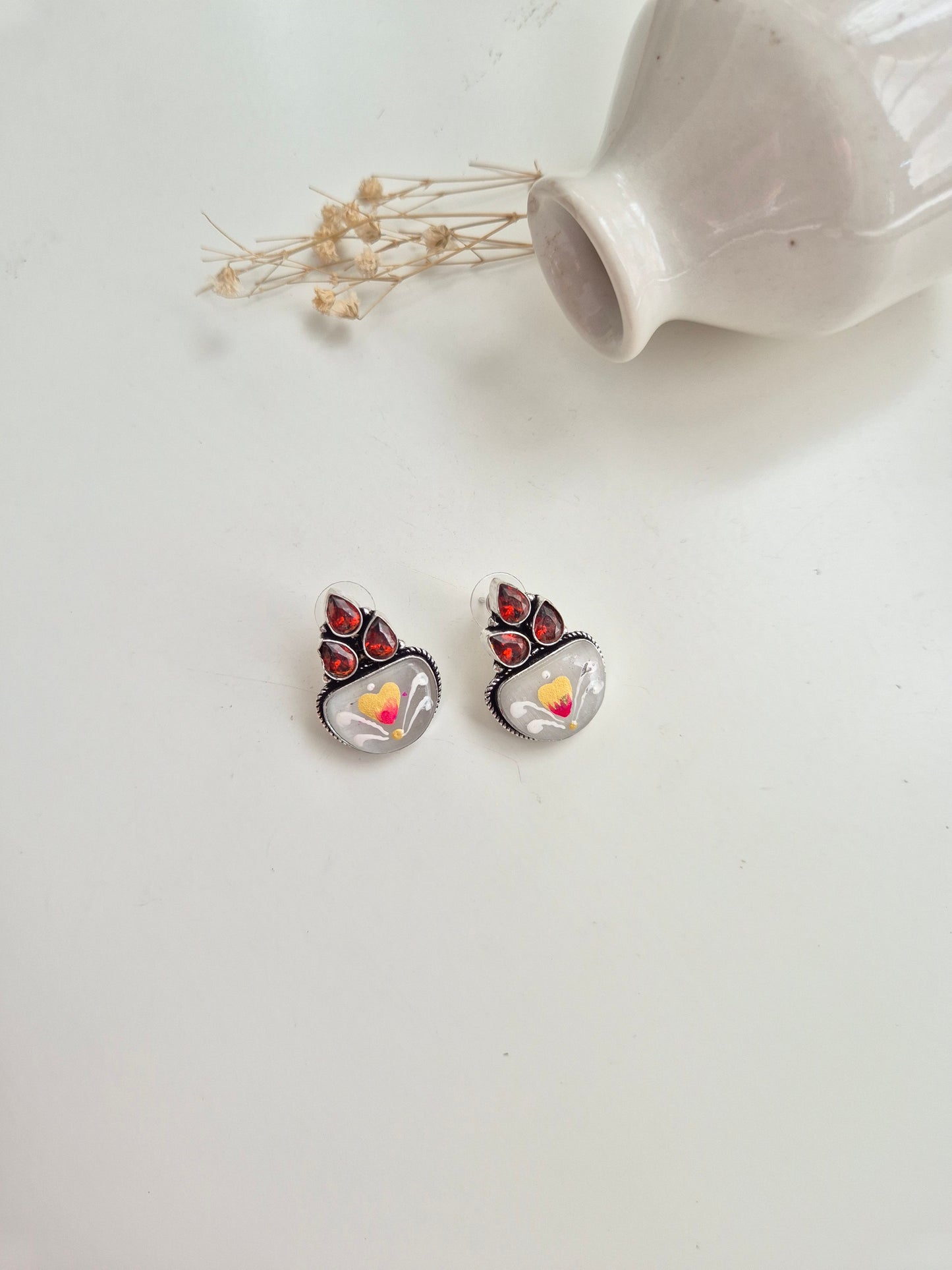 Indira Earrings, handcrafted oxidized red and white jewelry, perfect for festive occasions.