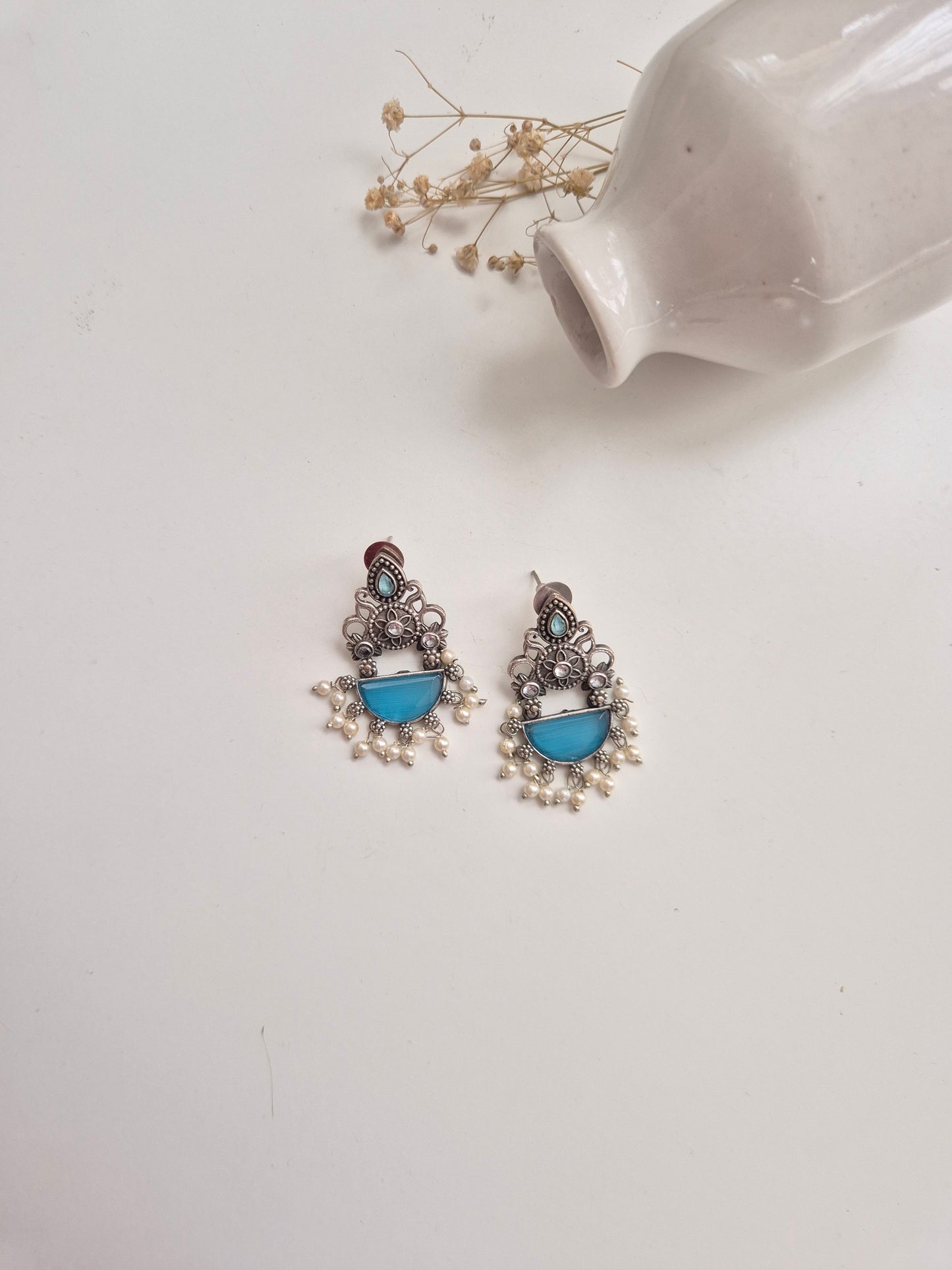 Kanchi Earrings, handcrafted blue and red oxidized dangle earrings, classic and elegant design.