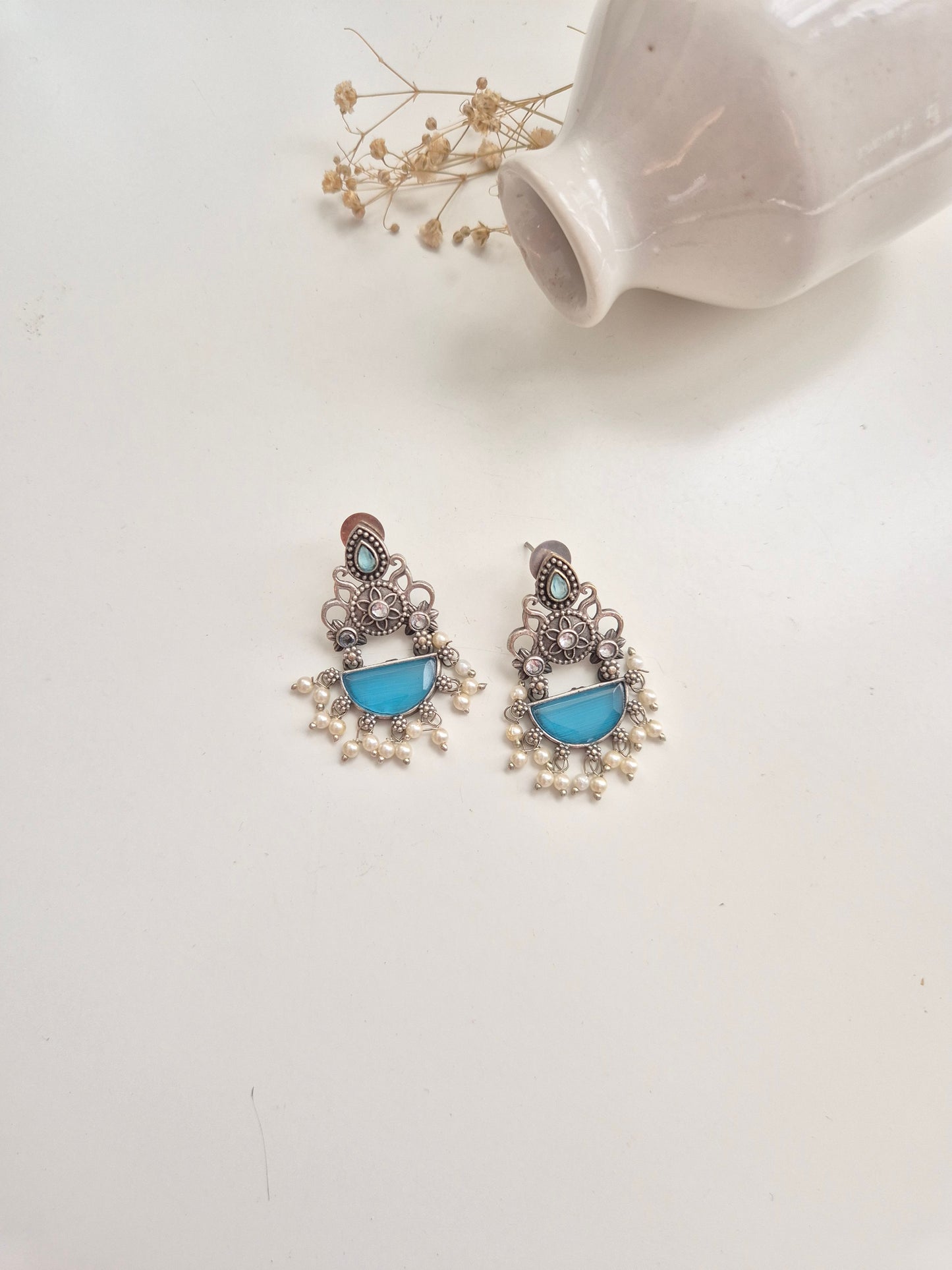 Kanchi Earrings, handcrafted blue and red oxidized dangle earrings, classic and elegant design.