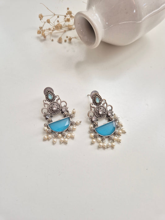 Kanchi Earrings, handcrafted blue and red oxidized dangle earrings, classic and elegant design.