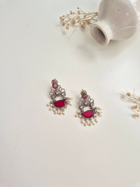 Kusum Earrings, red handcrafted oxidized dangle earrings, beautiful ethnic and modern styling.