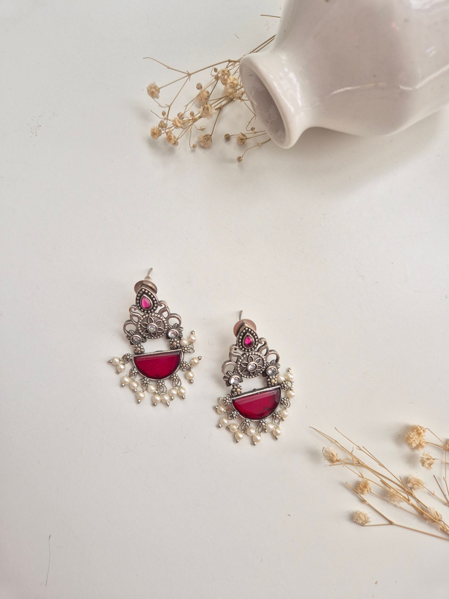 Kusum Earrings, red handcrafted oxidized dangle earrings, beautiful ethnic and modern styling.