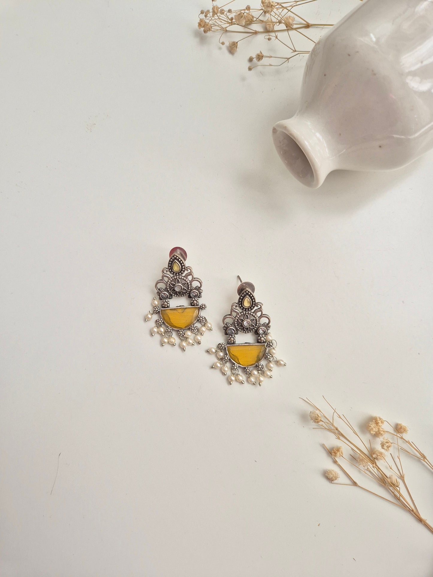 Mihika Earrings, lightweight yellow handcrafted oxidized dangle earrings, versatile accessory.