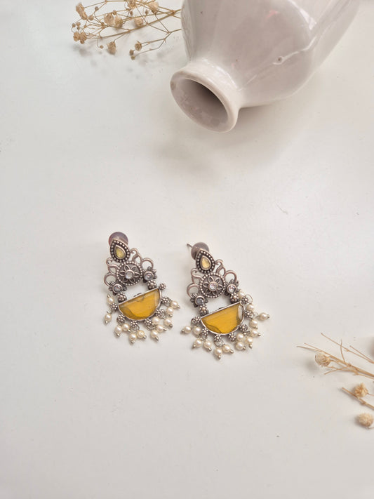 Mihika Earrings, lightweight yellow handcrafted oxidized dangle earrings, versatile accessory.