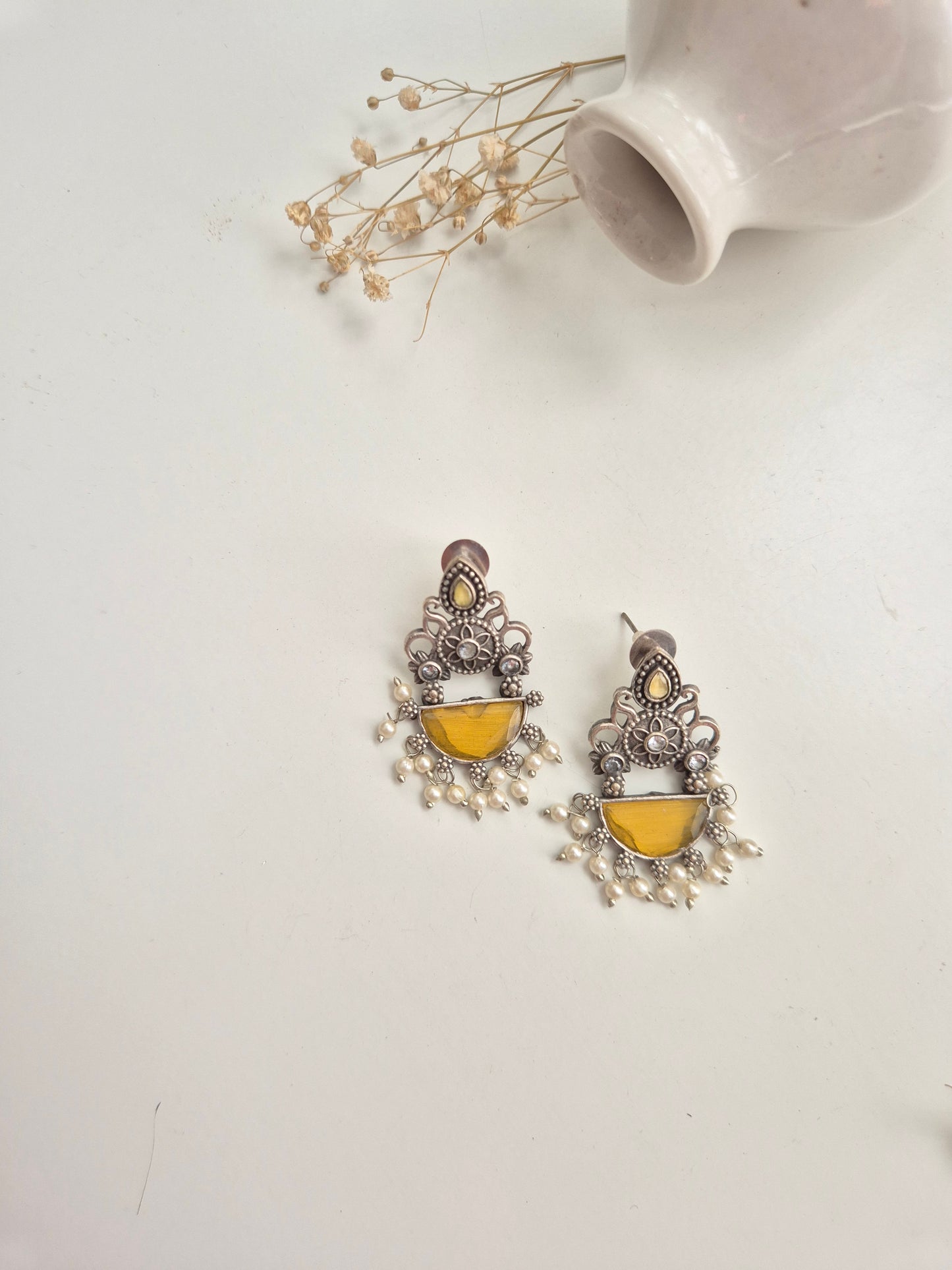 Mihika Earrings, lightweight yellow handcrafted oxidized dangle earrings, versatile accessory.