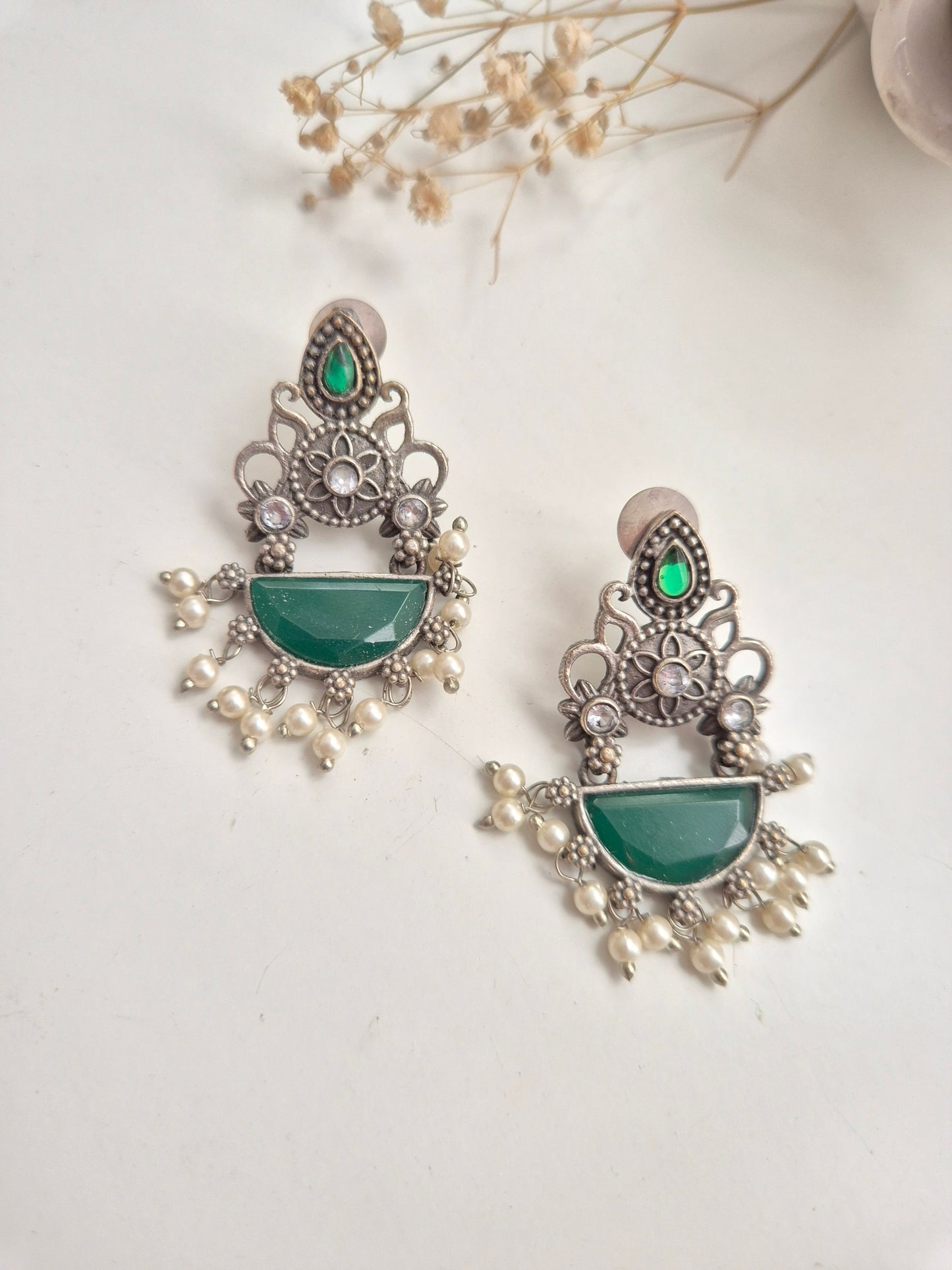 Nila Earrings, elegant green handcrafted oxidized dangle earrings for chic everyday wear.
