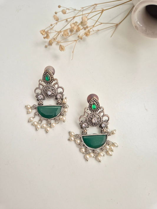 Nila Earrings, elegant green handcrafted oxidized dangle earrings for chic everyday wear.