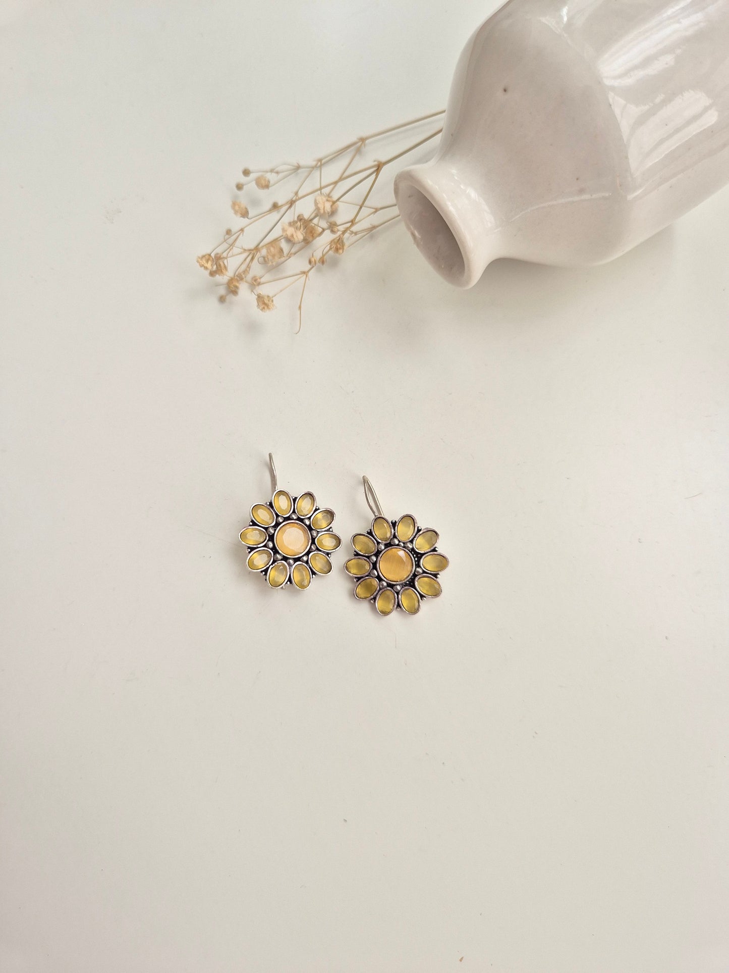 Ramya Earrings, yellow and red handcrafted oxidized dangle earrings, perfect for ethnic styling.