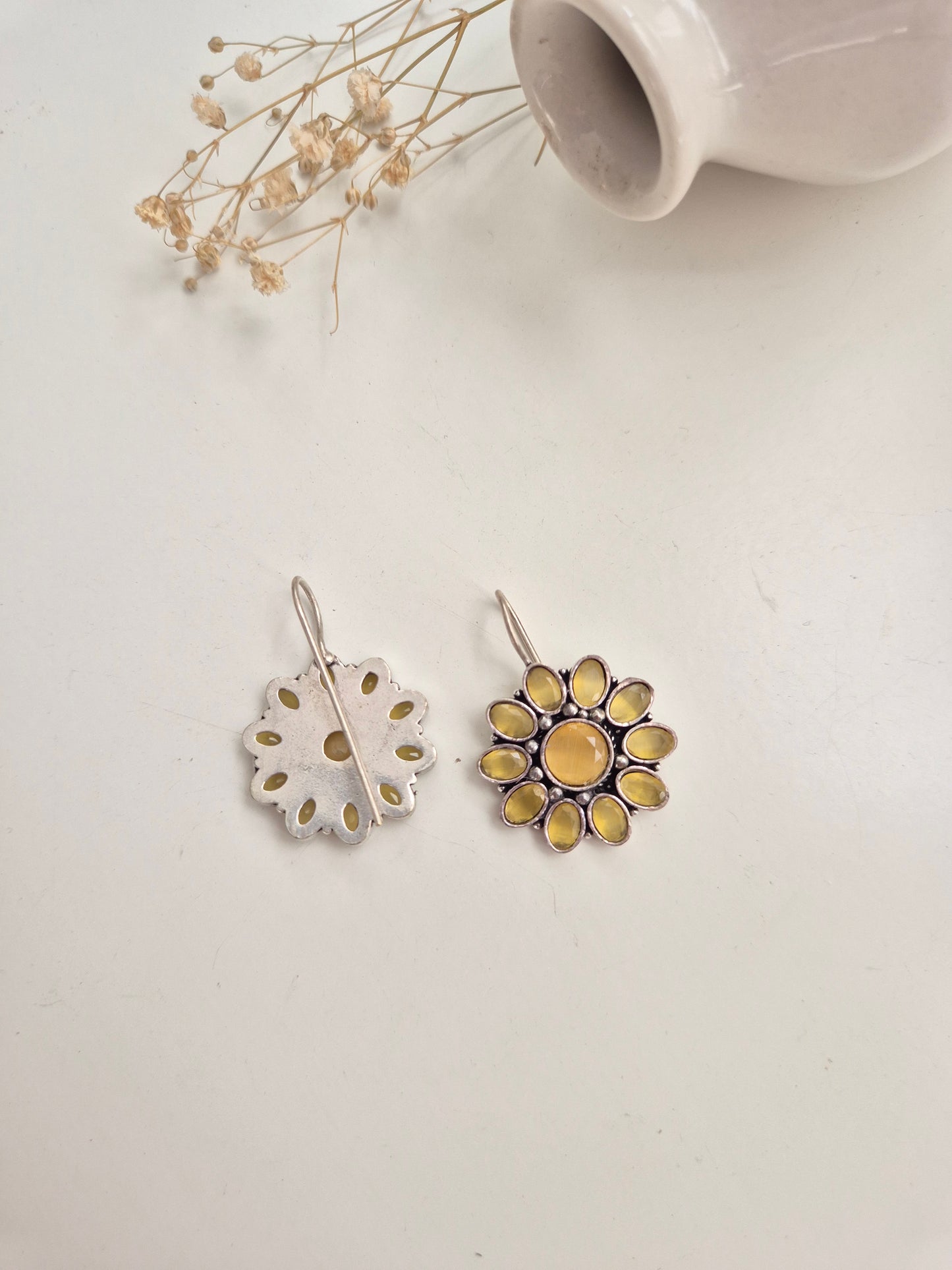 Ramya Earrings, yellow and red handcrafted oxidized dangle earrings, perfect for ethnic styling.