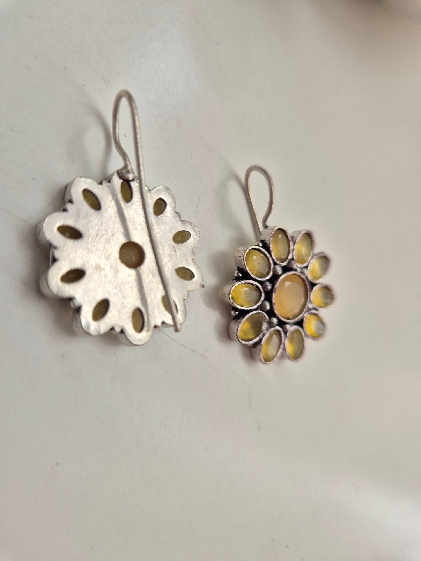 Ramya Earrings, yellow and red handcrafted oxidized dangle earrings, perfect for ethnic styling.
