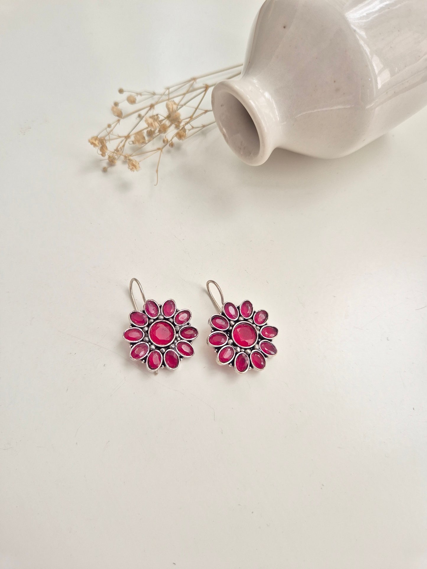 Rukmini Earrings, elegant pink and red handcrafted oxidized dangle earrings for all occasions.