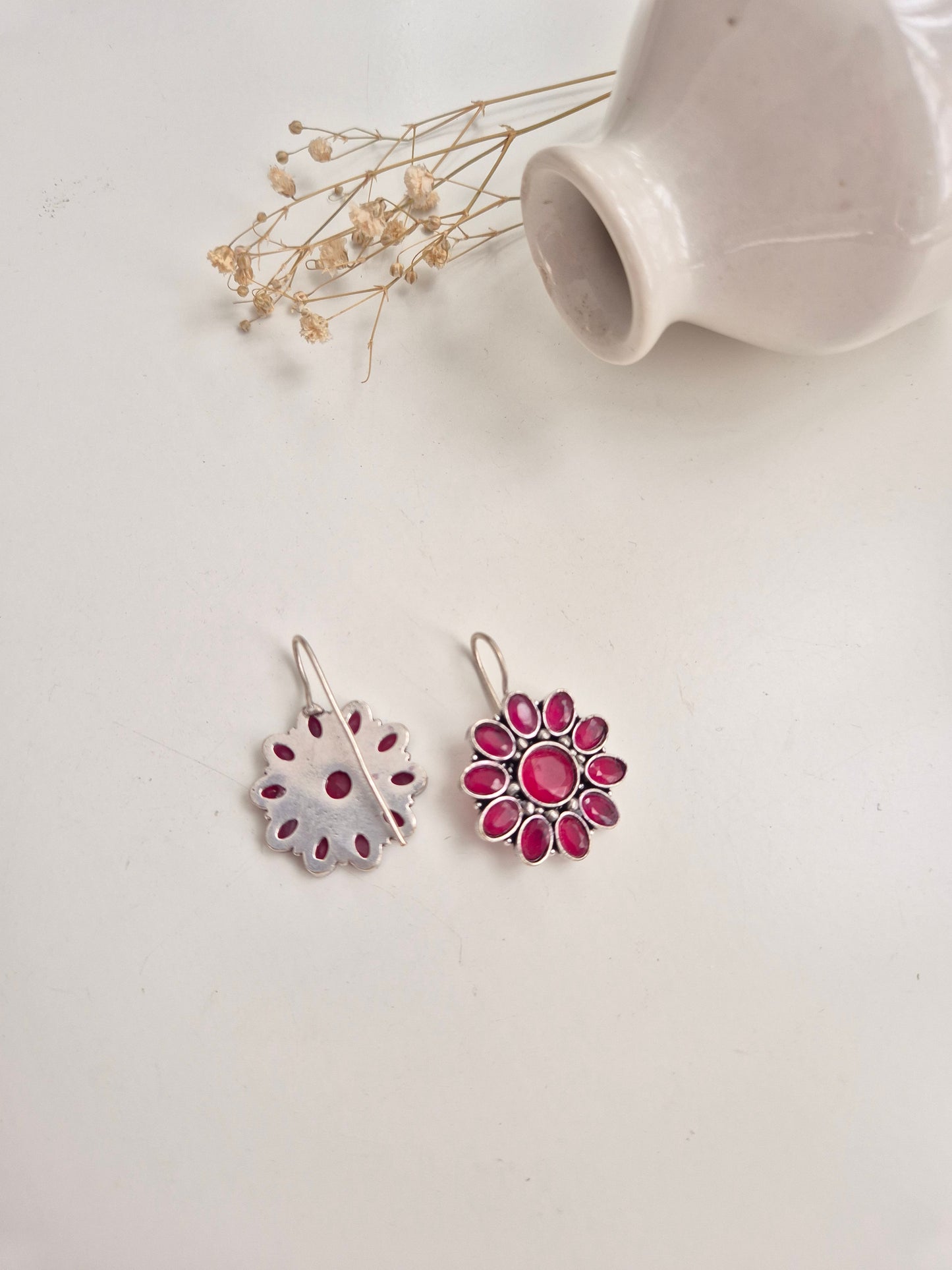 Rukmini Earrings, elegant pink and red handcrafted oxidized dangle earrings for all occasions.
