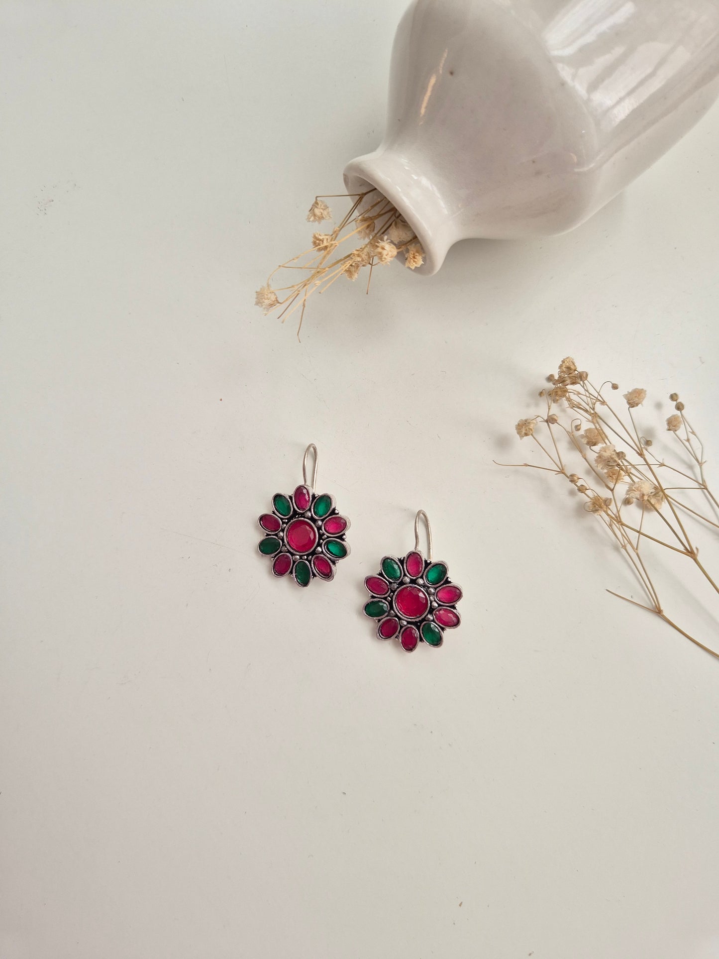 Smita Earrings, premium handcrafted oxidized red and silver dangle earrings, stylish ethnic wear.