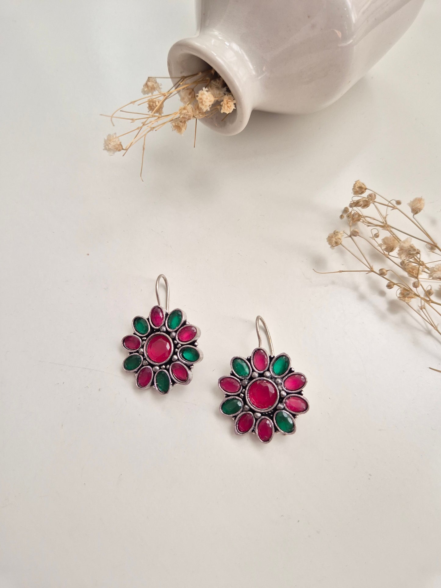 Smita Earrings, premium handcrafted oxidized red and silver dangle earrings, stylish ethnic wear.