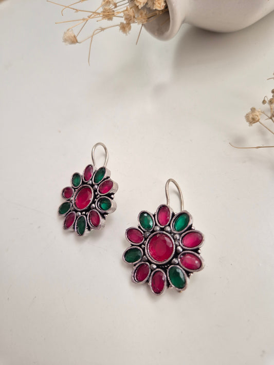 Smita Earrings, premium handcrafted oxidized red and silver dangle earrings, stylish ethnic wear.