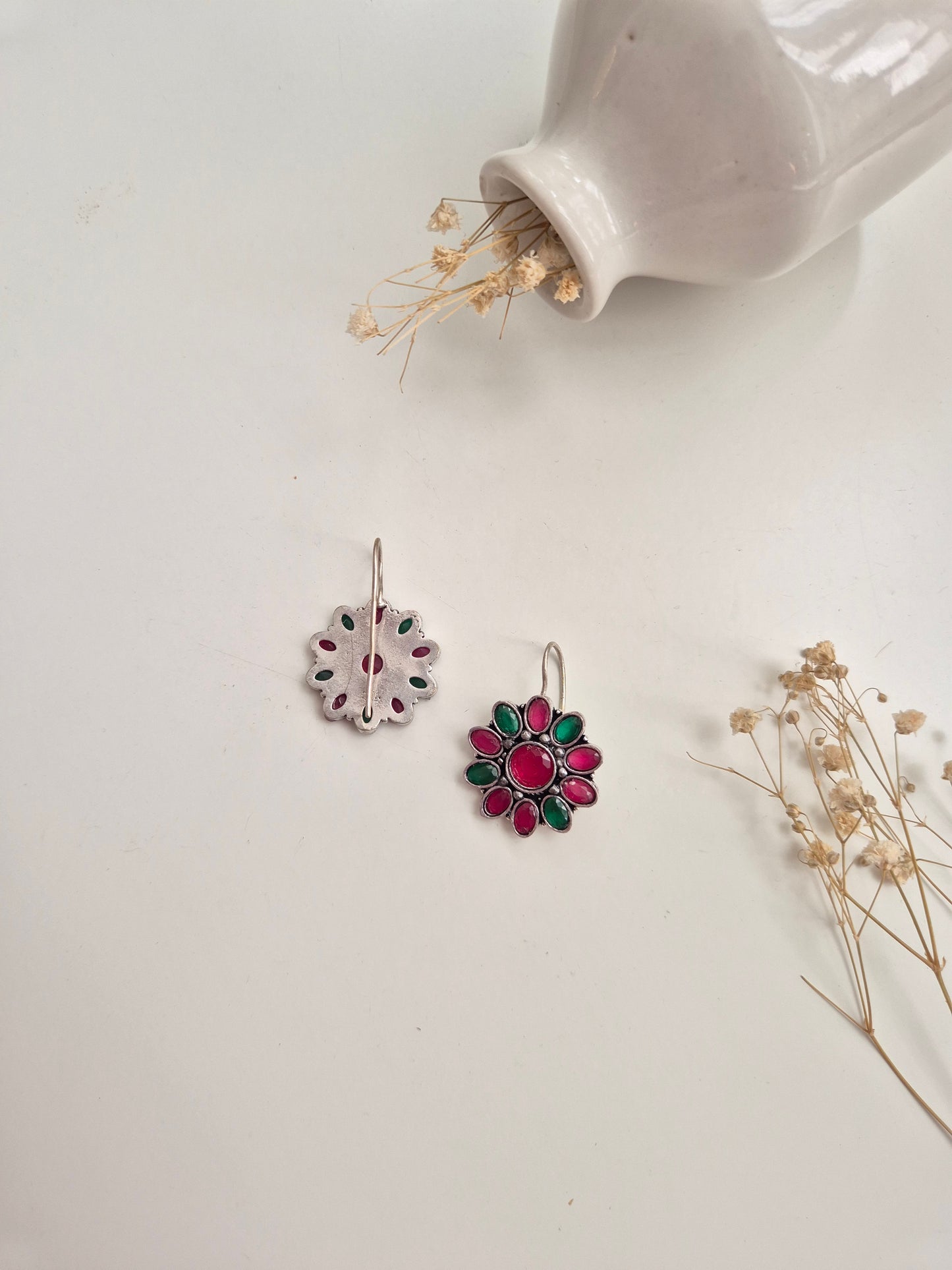 Smita Earrings, premium handcrafted oxidized red and silver dangle earrings, stylish ethnic wear.