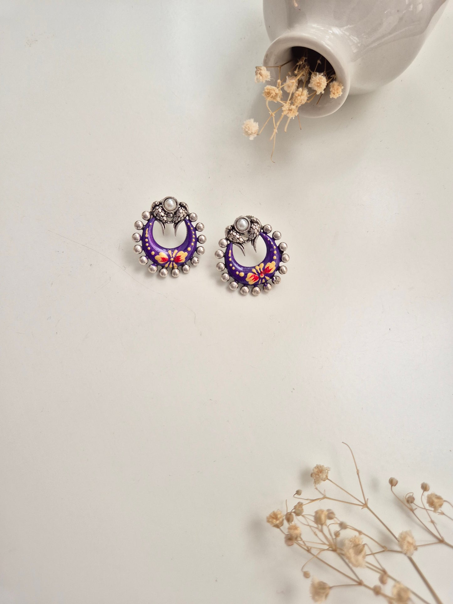 Sharda Earrings, purple and red handcrafted oxidized jewelry, distinct and versatile accessory.
