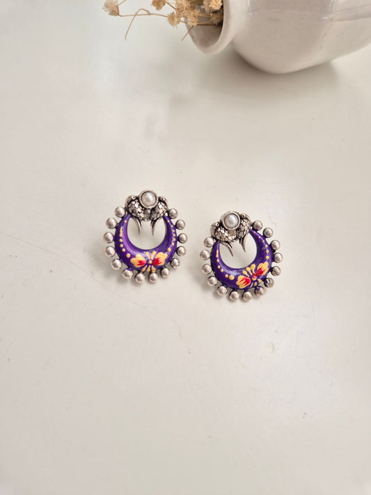 Sharda Earrings, purple and red handcrafted oxidized jewelry, distinct and versatile accessory.