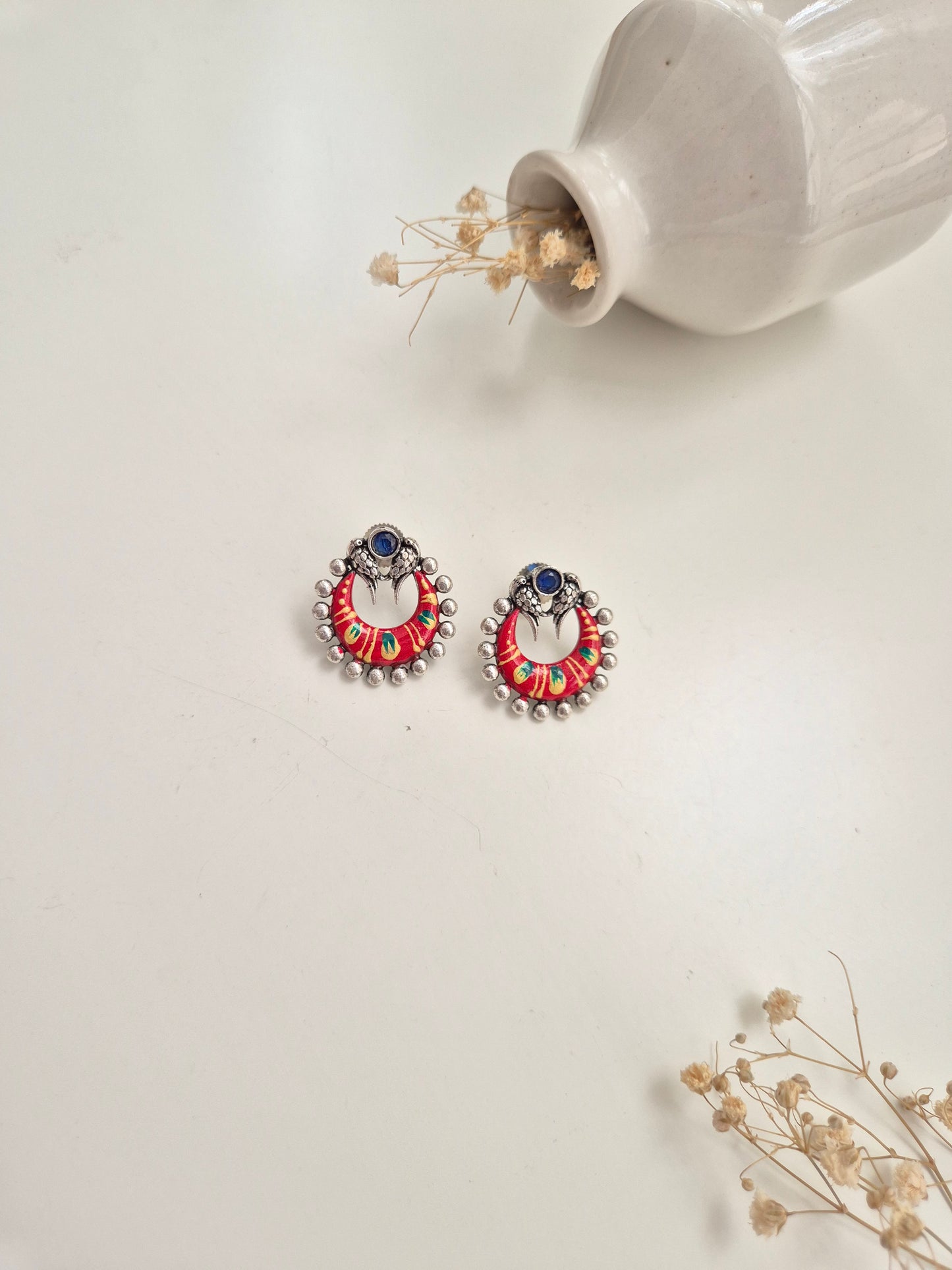 Sarika Earrings, handcrafted oxidized red dangle earrings, sophisticated ethnic style.