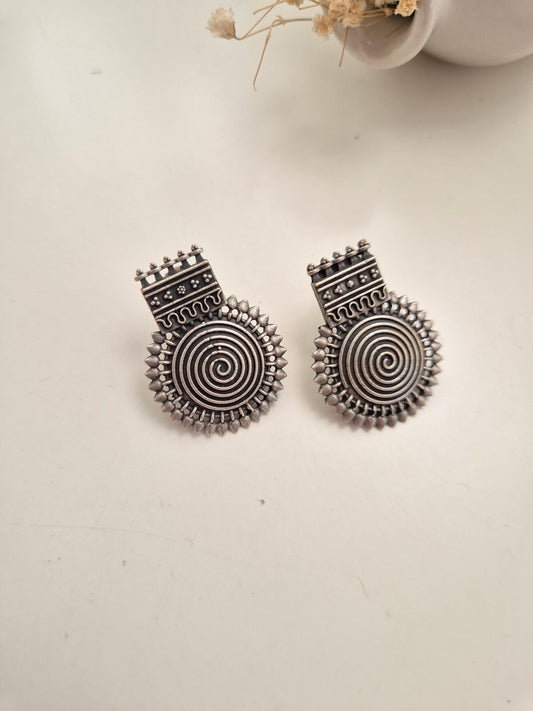 Elegant handcrafted oxidized Nishka Earrings in silver dangle design for stylish everyday wear.