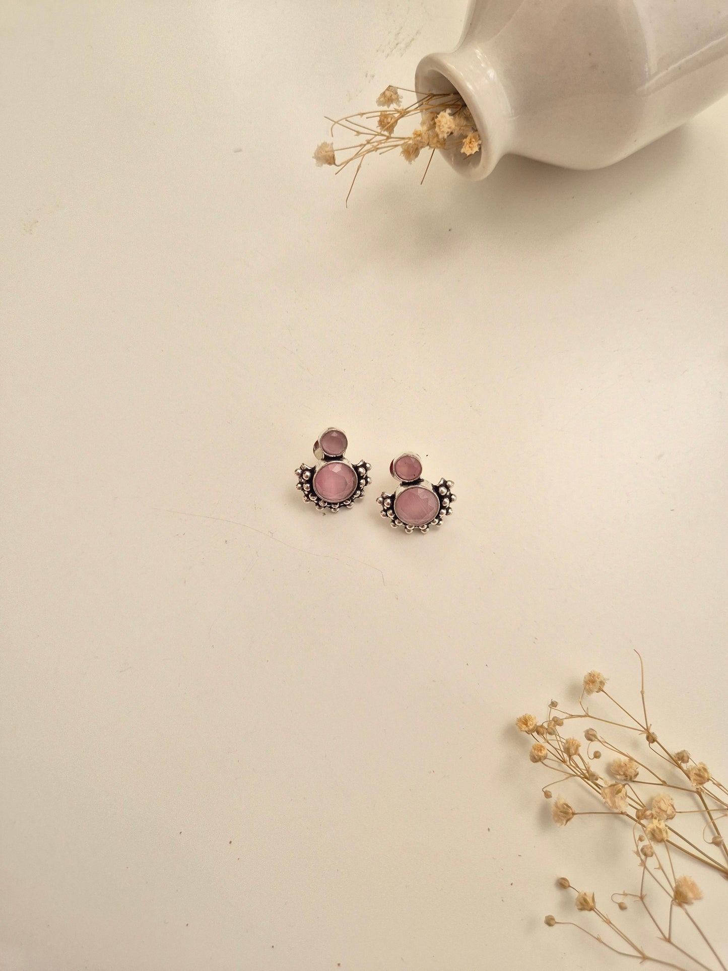 Elegant handcrafted oxidized Jivika Earrings in pink stud style, lightweight comfort.