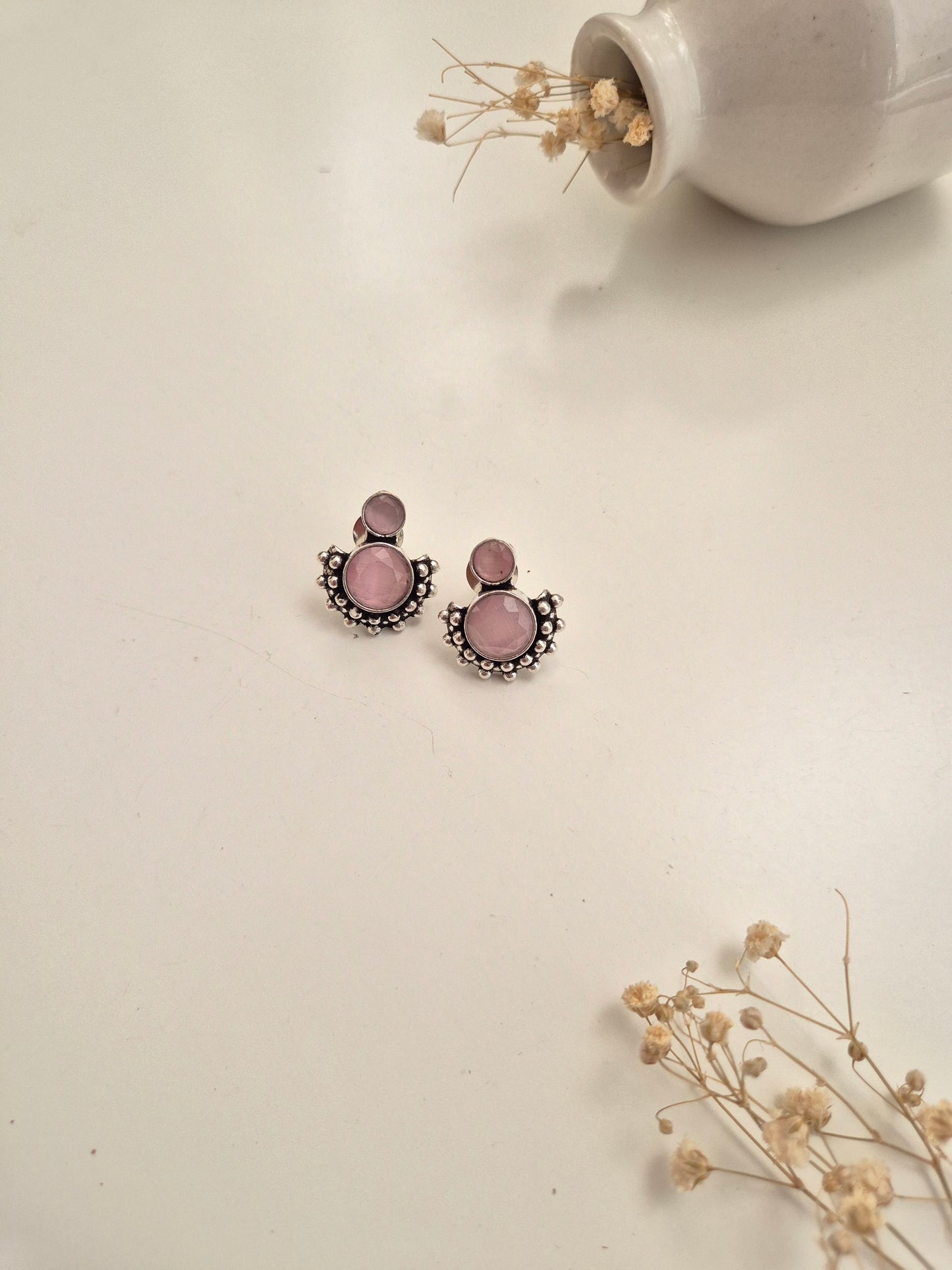 Elegant handcrafted oxidized Jivika Earrings in pink stud style, lightweight comfort.
