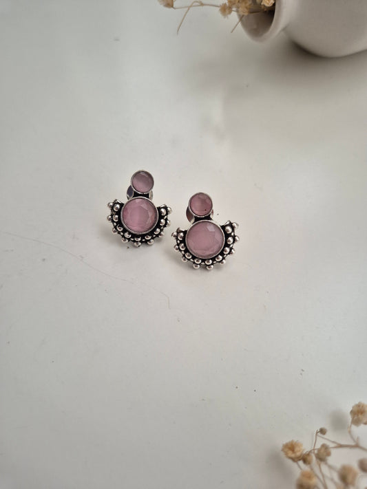 Elegant handcrafted oxidized Jivika Earrings in pink stud style, lightweight comfort.