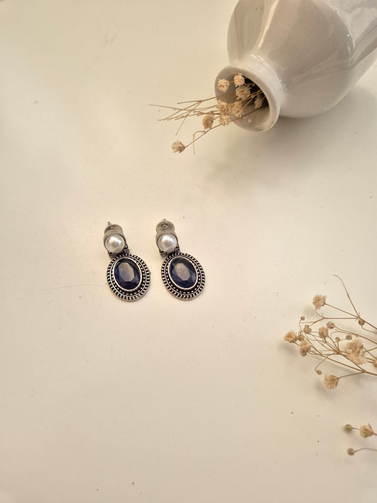 Himani Earrings, elegant handcrafted oxidized blue and silver dangle jewelry.