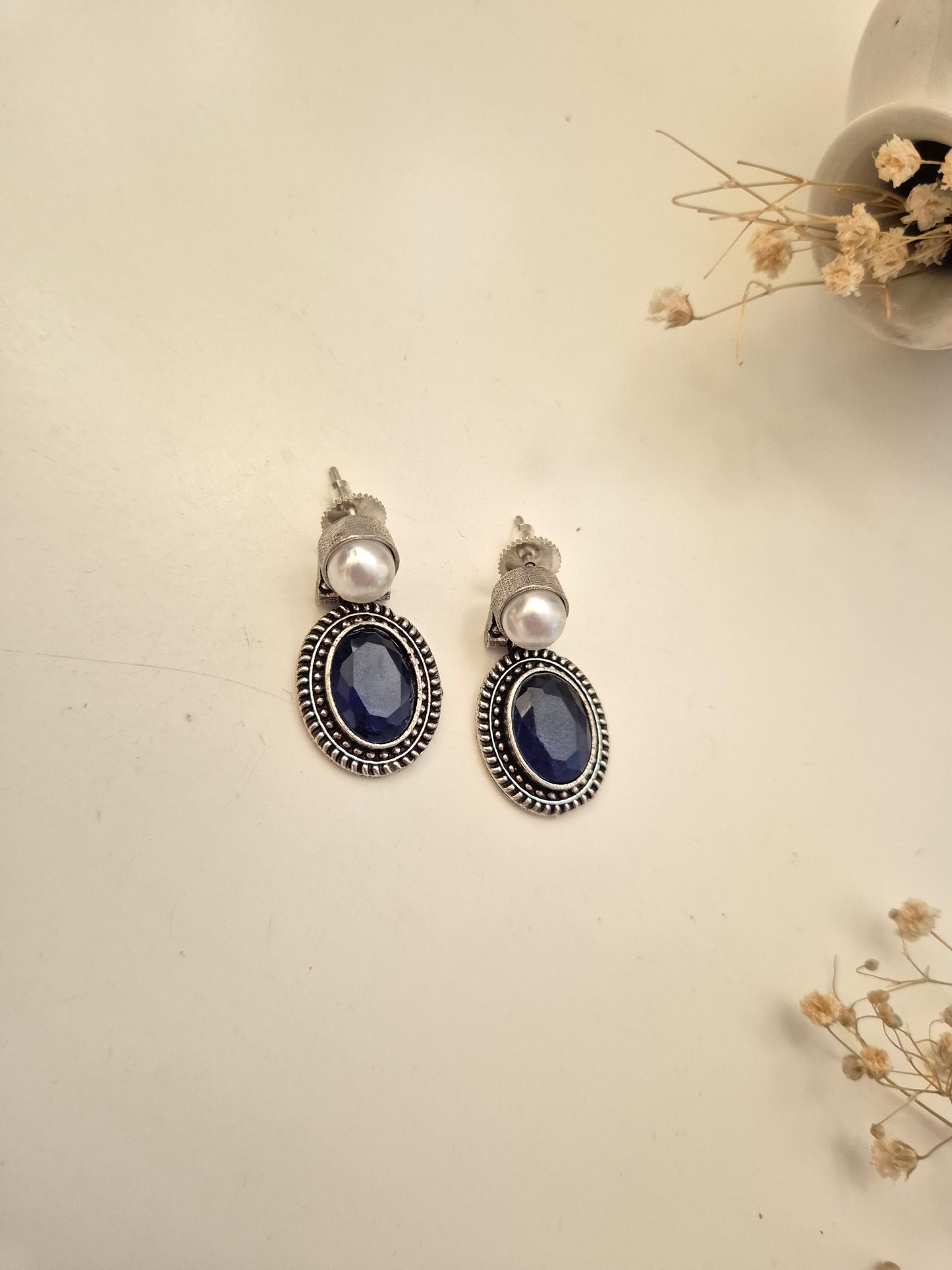 Himani Earrings, elegant handcrafted oxidized blue and silver dangle jewelry.