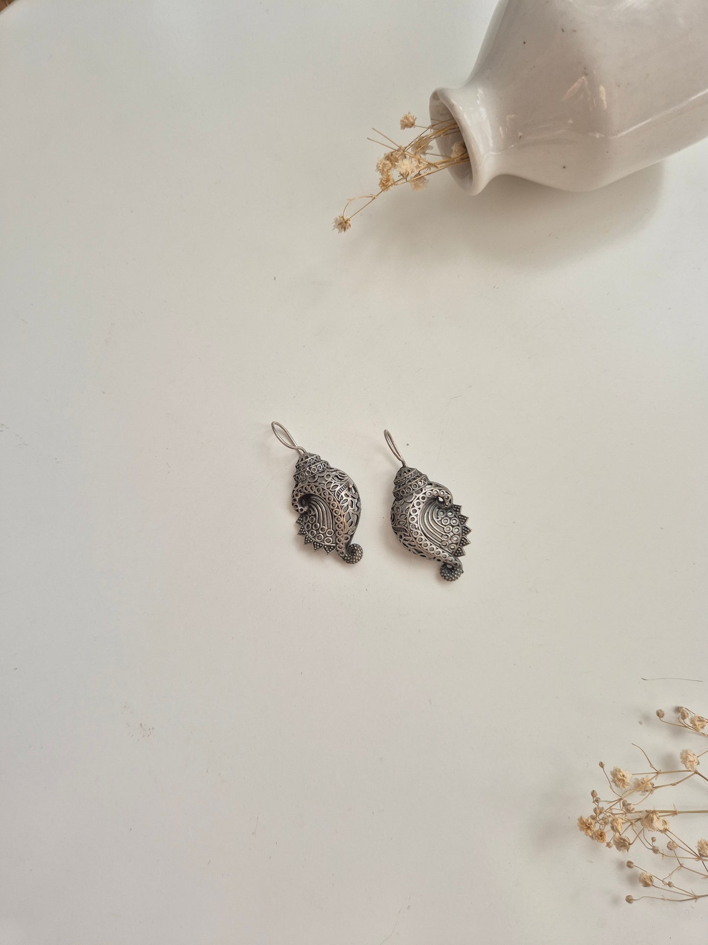 Elegant handcrafted oxidized Amba Earrings with silver finish, perfect for everyday wear.