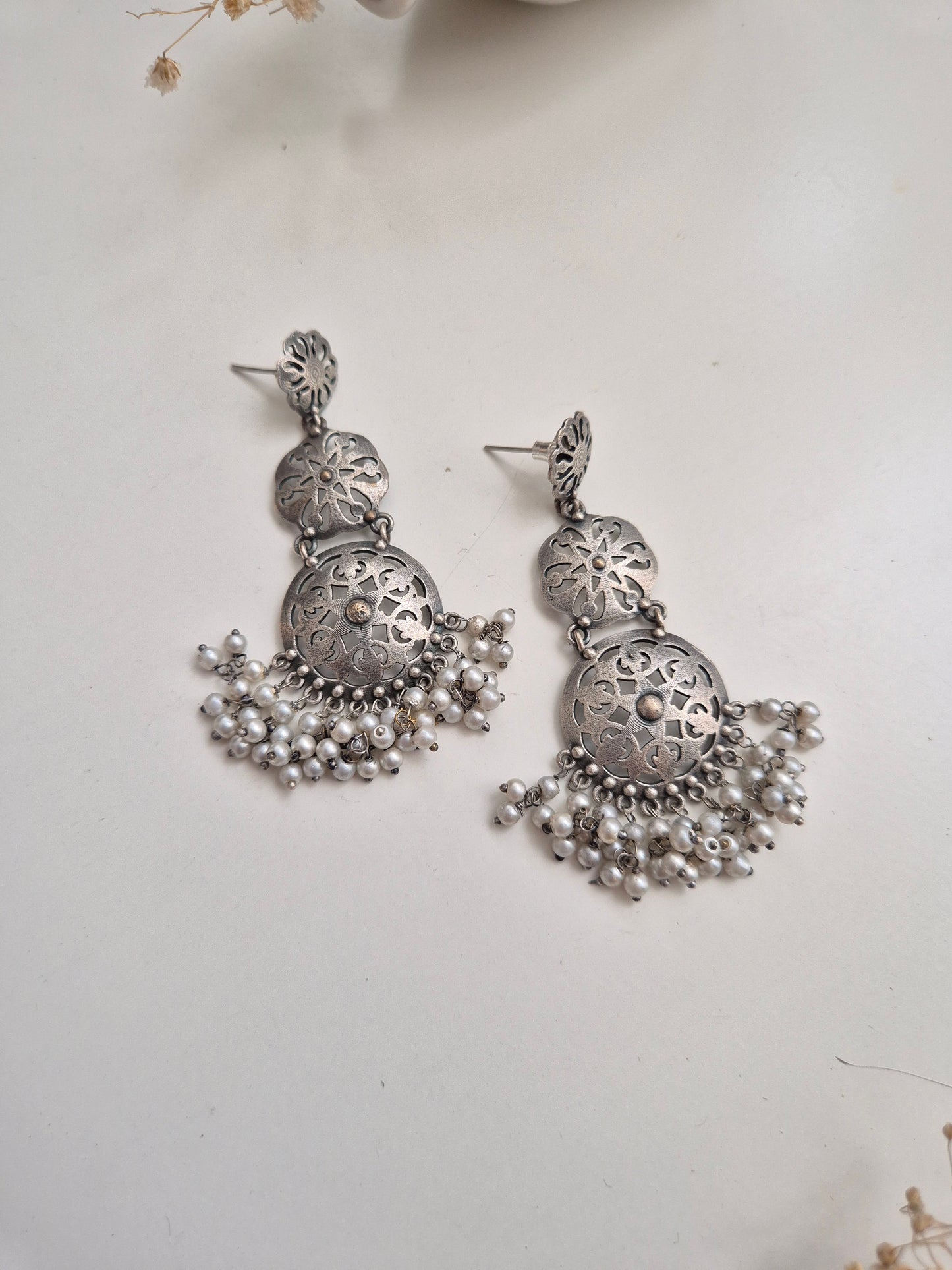 Handcrafted oxidized Manji Earrings with matching necklace, stylish ethnic jewelry.