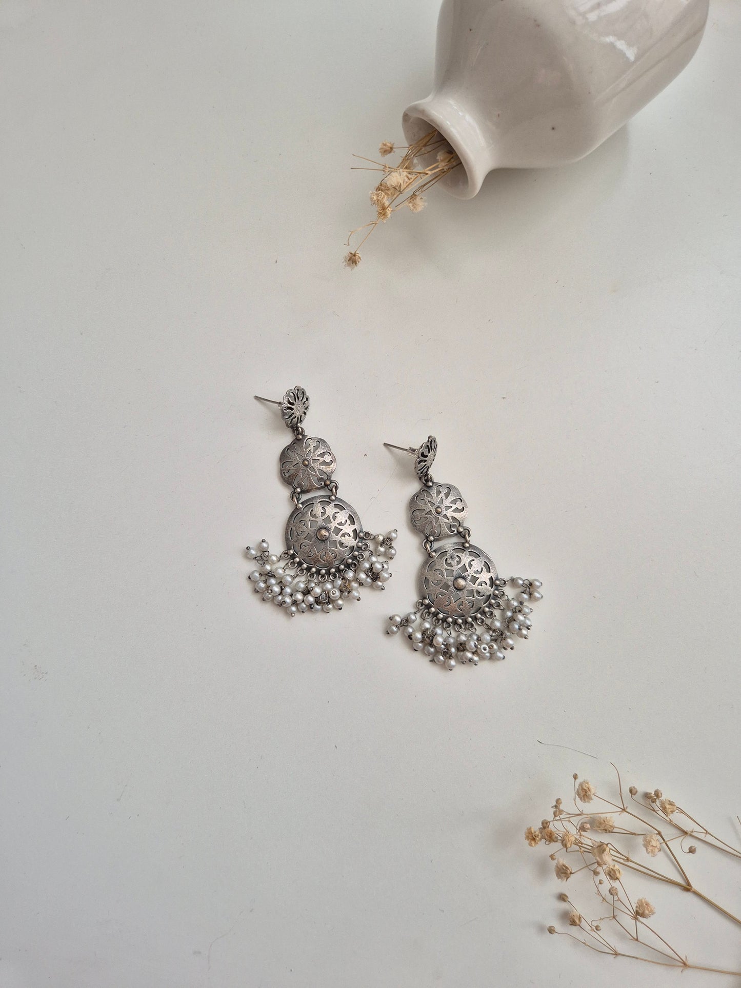 Handcrafted oxidized Manji Earrings with matching necklace, stylish ethnic jewelry.