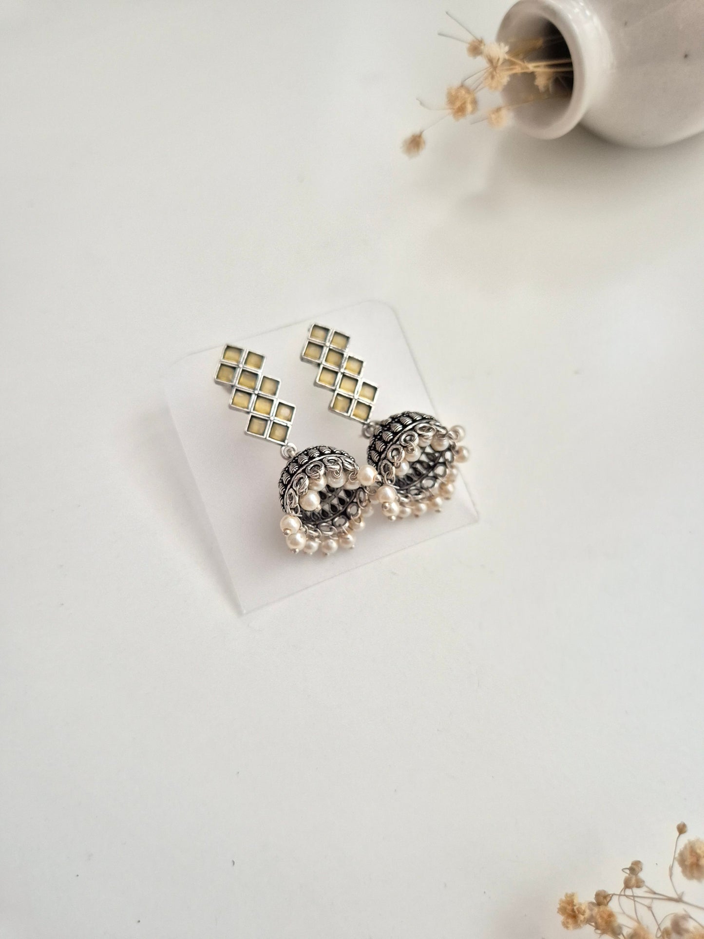 Mithila Earrings, handcrafted oxidized dangle earrings with silver and gold accents.