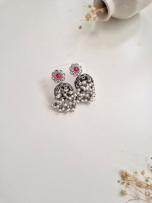 Handcrafted oxidized Nivedita Earrings with traditional silver look, lightweight and versatile.